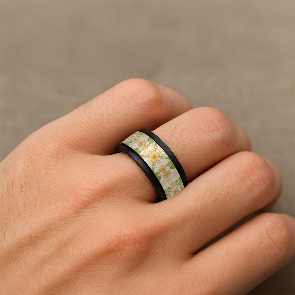 Squares Puakenikeni and Kalo Spinner Ring Beige Palaka Hawaiian Quilt Pattern - Polynesian Pride