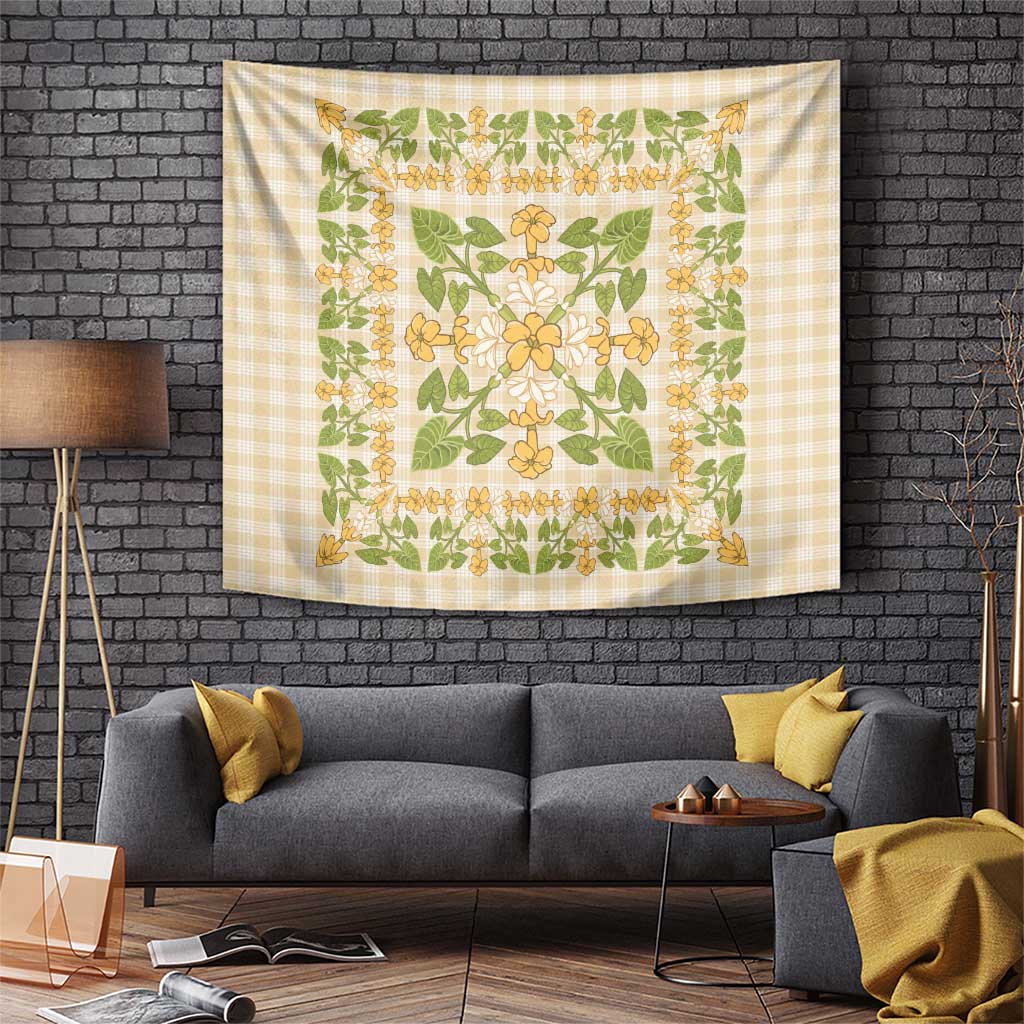 Squares Puakenikeni and Kalo Tapestry Beige Palaka Hawaiian Quilt Pattern - Polynesian Pride