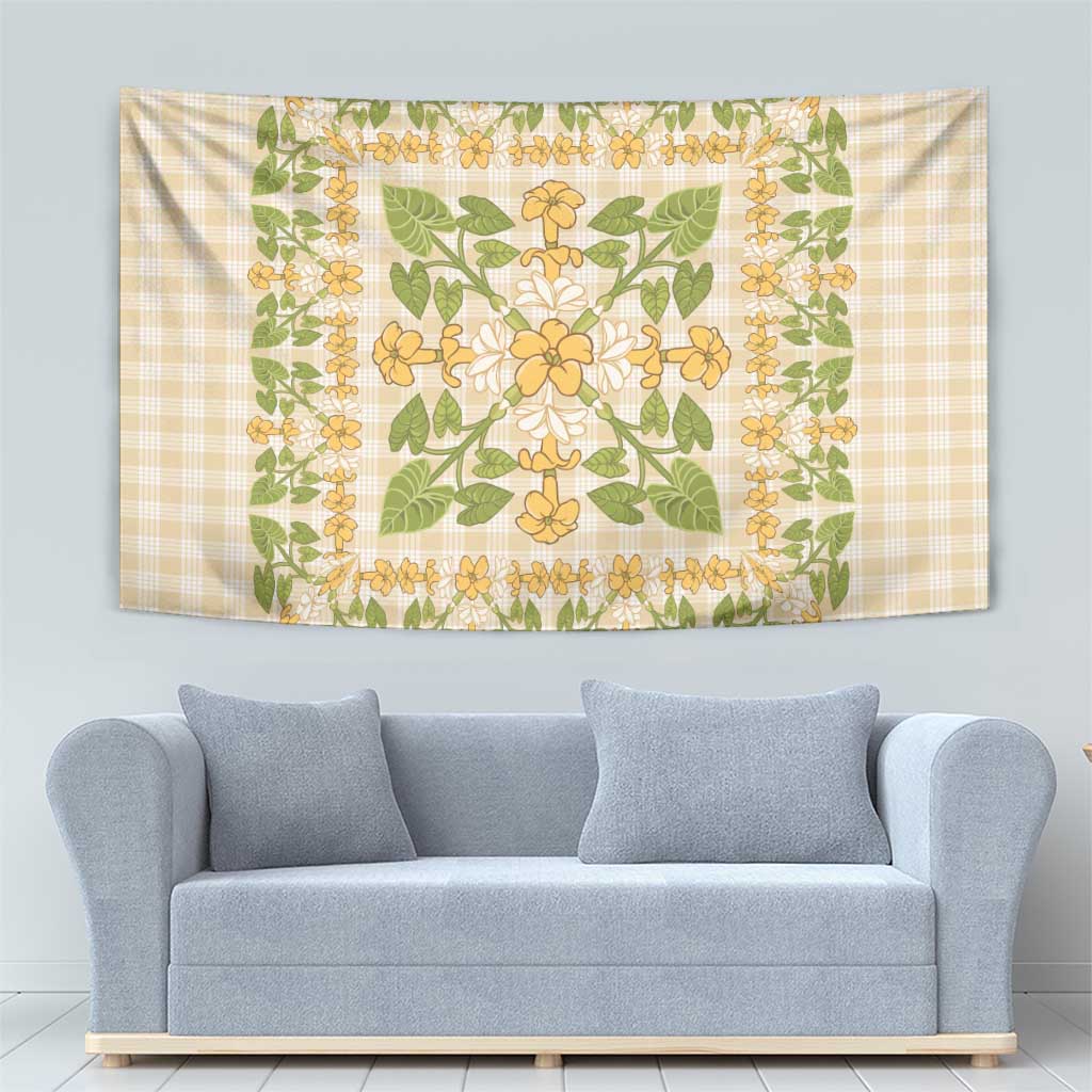 Squares Puakenikeni and Kalo Tapestry Beige Palaka Hawaiian Quilt Pattern - Polynesian Pride