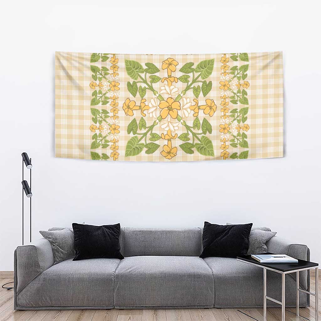 Squares Puakenikeni and Kalo Tapestry Beige Palaka Hawaiian Quilt Pattern - Polynesian Pride