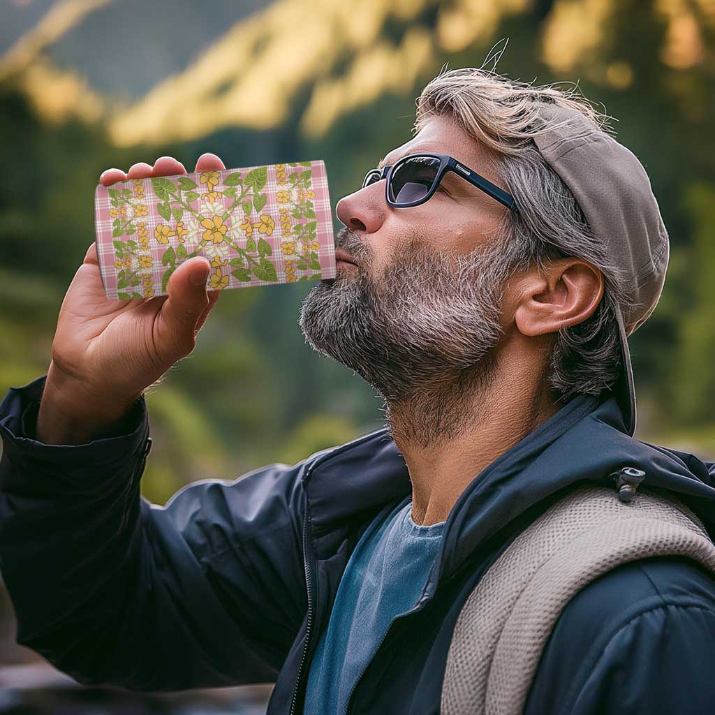 Squares Puakenikeni and Kalo 4 in 1 Can Cooler Tumbler Pink Palaka Hawaiian Quilt Pattern - Polynesian Pride