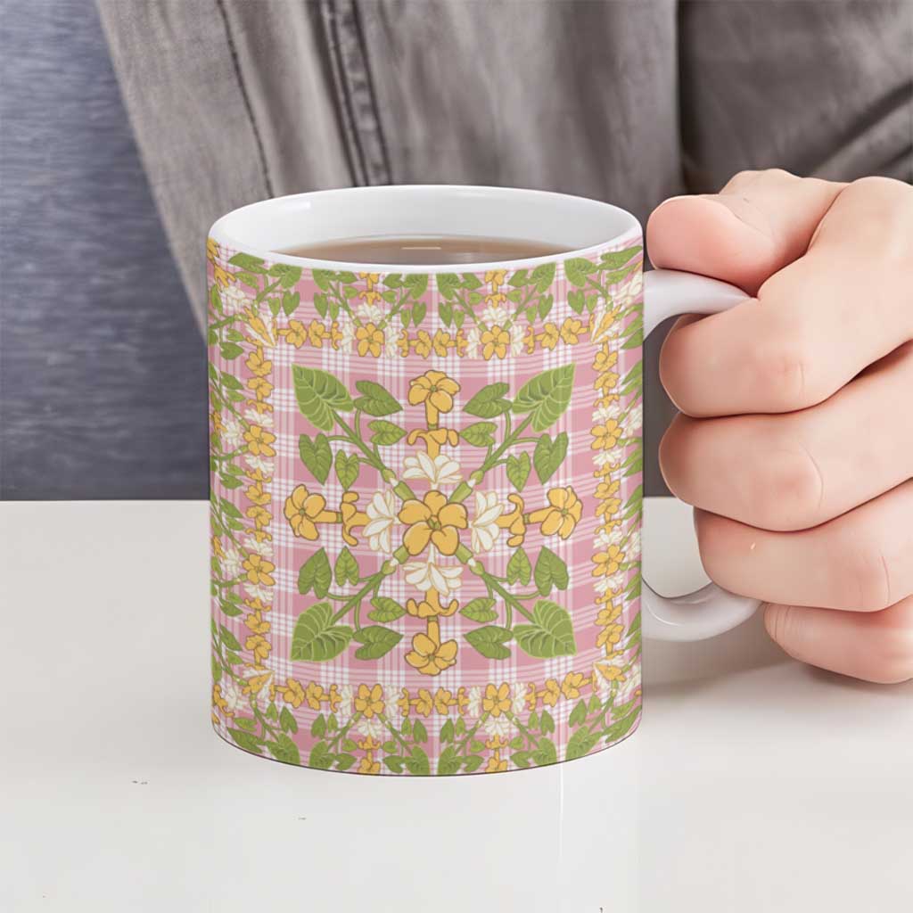 Squares Puakenikeni and Kalo Ceramic Mug Pink Palaka Hawaiian Quilt Pattern - Polynesian Pride