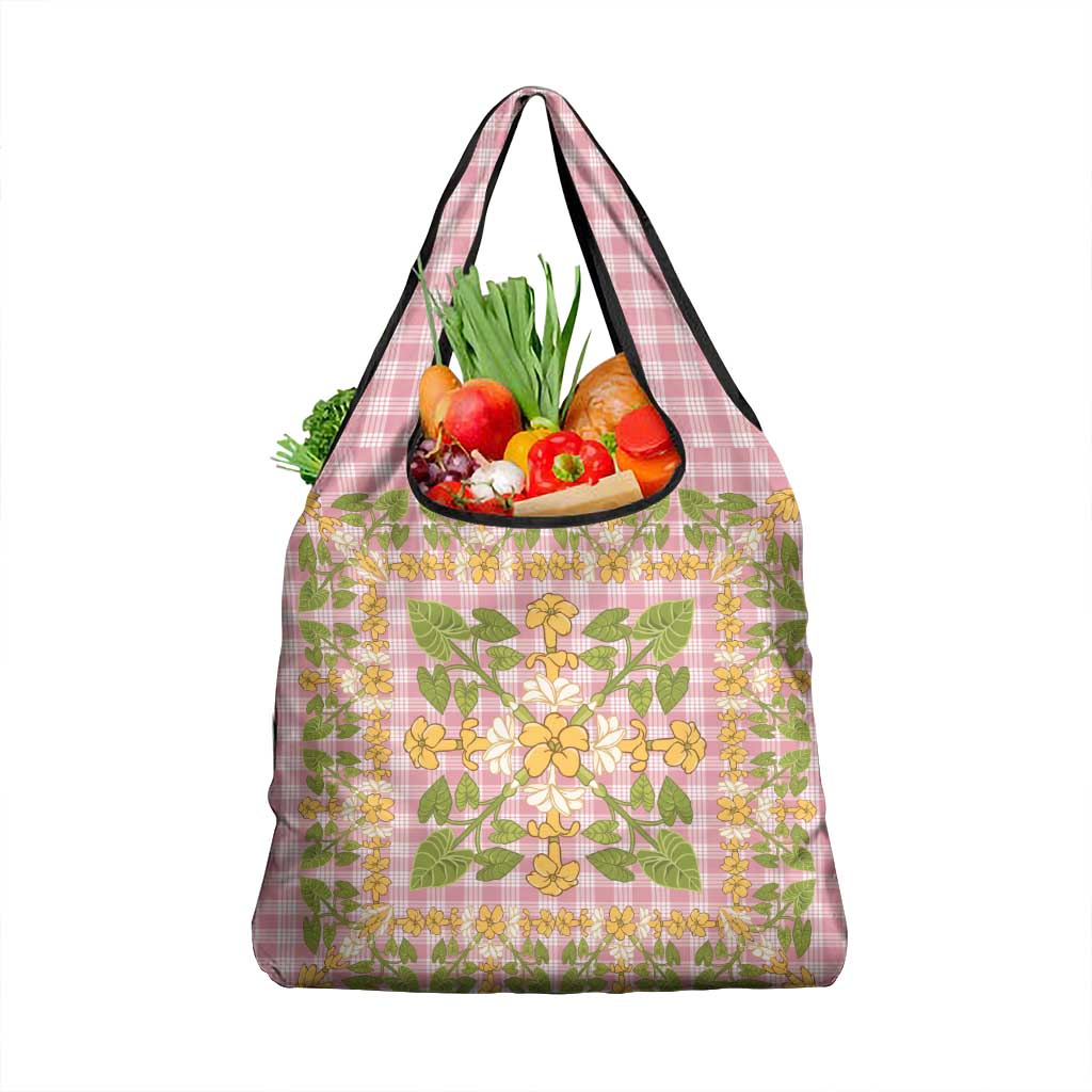Squares Puakenikeni and Kalo Grocery Bag Pink Palaka Hawaiian Quilt Pattern - Polynesian Pride