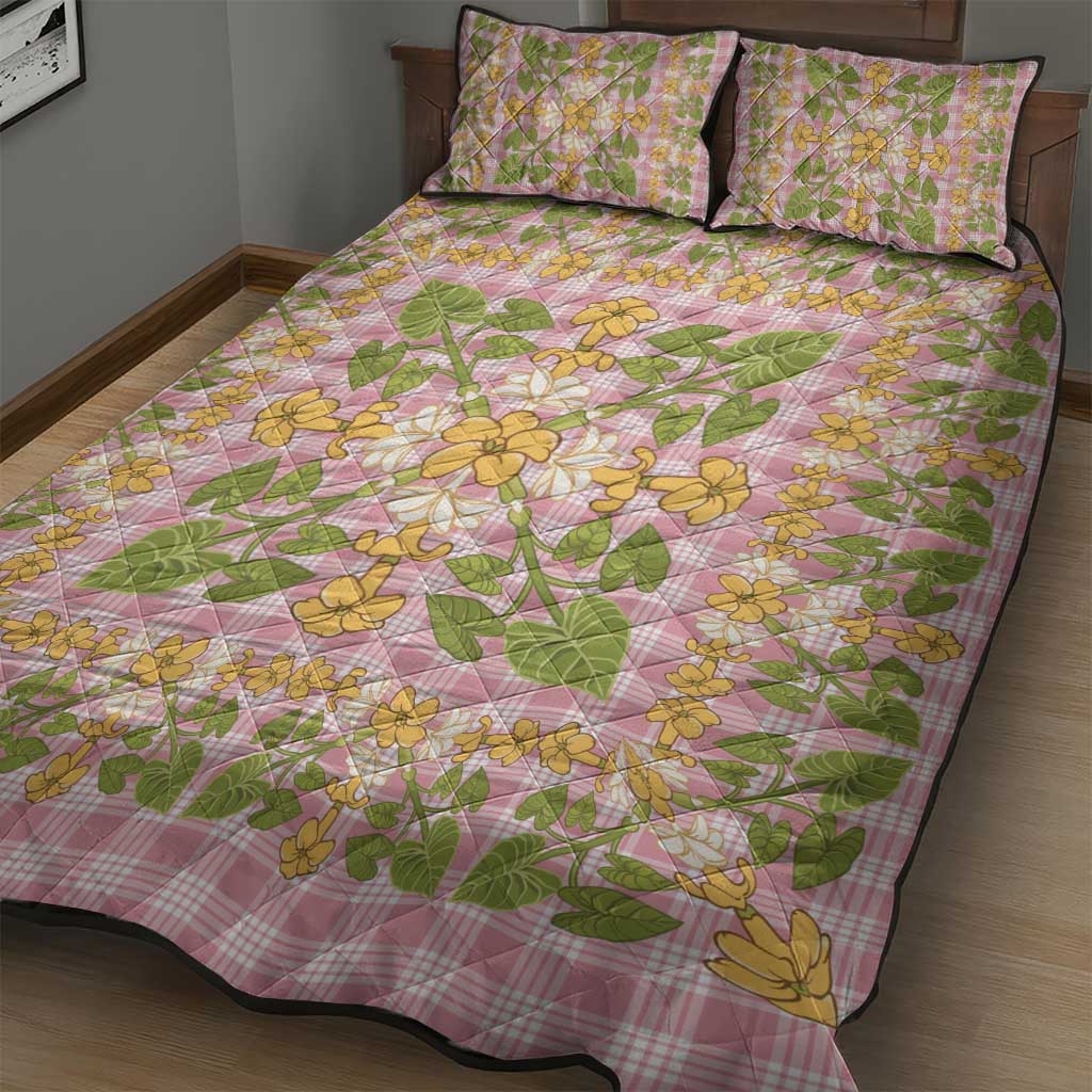 Squares Puakenikeni and Kalo Quilt Bed Set Pink Palaka Hawaiian Quilt Pattern - Polynesian Pride