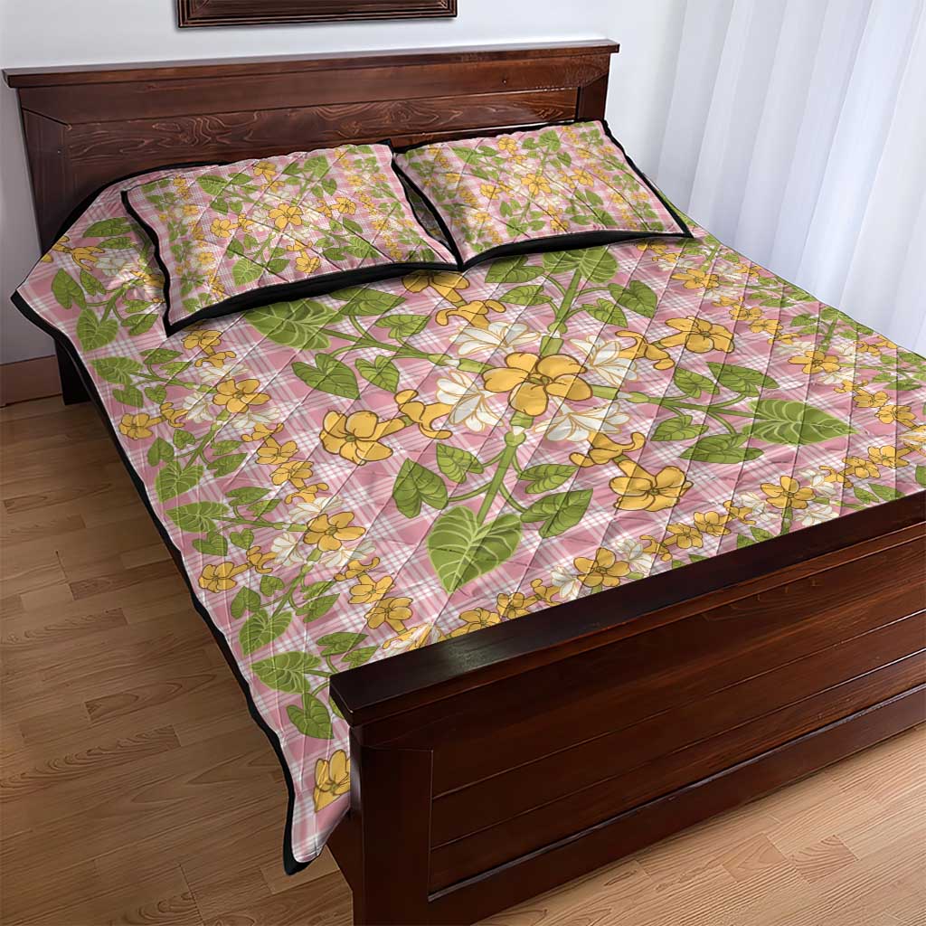 Squares Puakenikeni and Kalo Quilt Bed Set Pink Palaka Hawaiian Quilt Pattern - Polynesian Pride