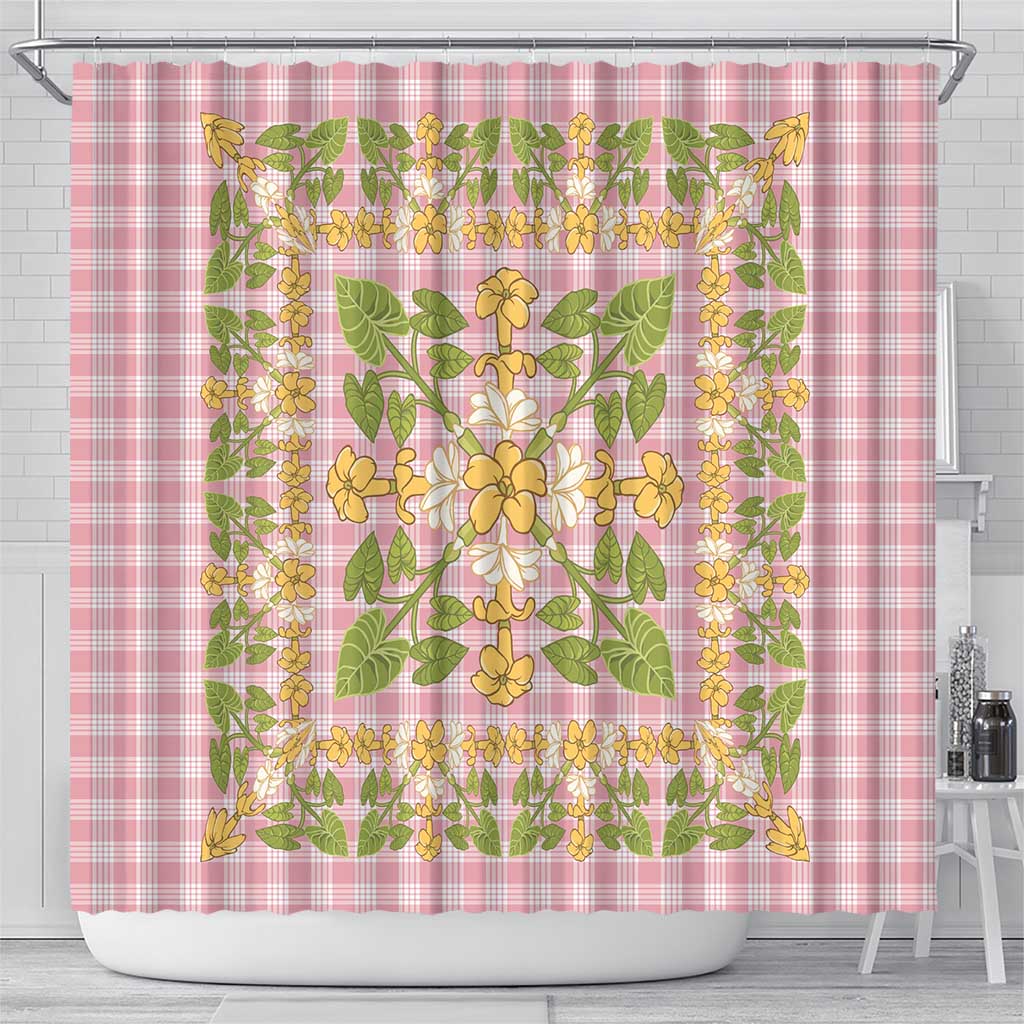 Squares Puakenikeni and Kalo Shower Curtain Pink Palaka Hawaiian Quilt Pattern - Polynesian Pride