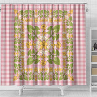 Squares Puakenikeni and Kalo Shower Curtain Pink Palaka Hawaiian Quilt Pattern - Polynesian Pride