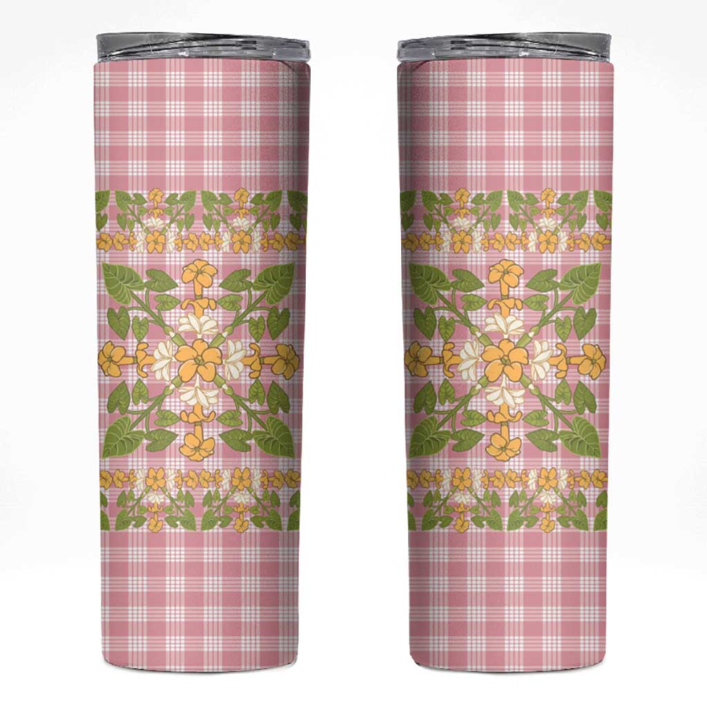 Squares Puakenikeni and Kalo Skinny Tumbler Pink Palaka Hawaiian Quilt Pattern - Polynesian Pride