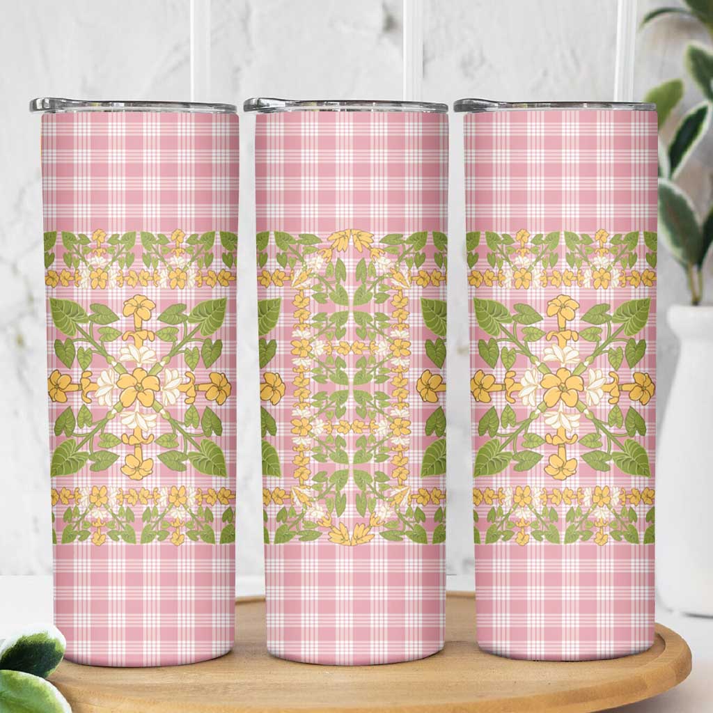 Squares Puakenikeni and Kalo Skinny Tumbler Pink Palaka Hawaiian Quilt Pattern - Polynesian Pride