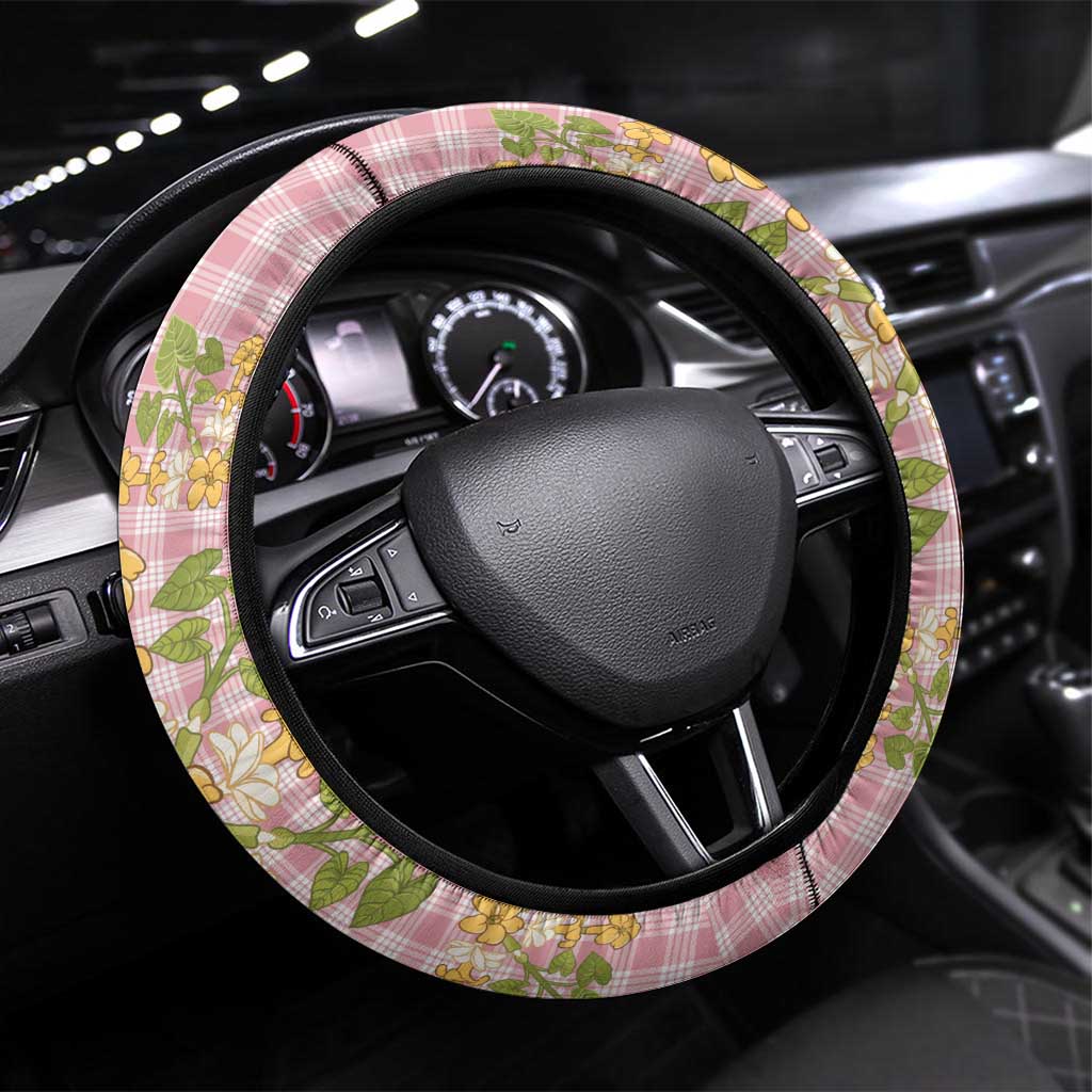 Squares Puakenikeni and Kalo Steering Wheel Cover Pink Palaka Hawaiian Quilt Pattern - Polynesian Pride