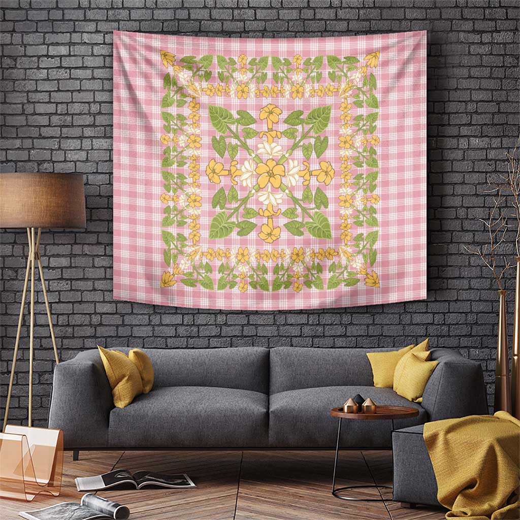 Squares Puakenikeni and Kalo Tapestry Pink Palaka Hawaiian Quilt Pattern - Polynesian Pride