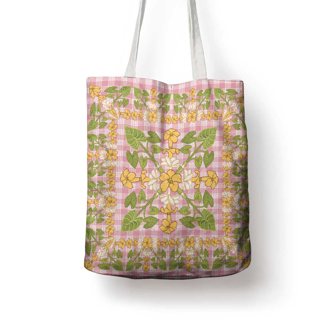 Squares Puakenikeni and Kalo Tote Bag Pink Palaka Hawaiian Quilt Pattern - Polynesian Pride