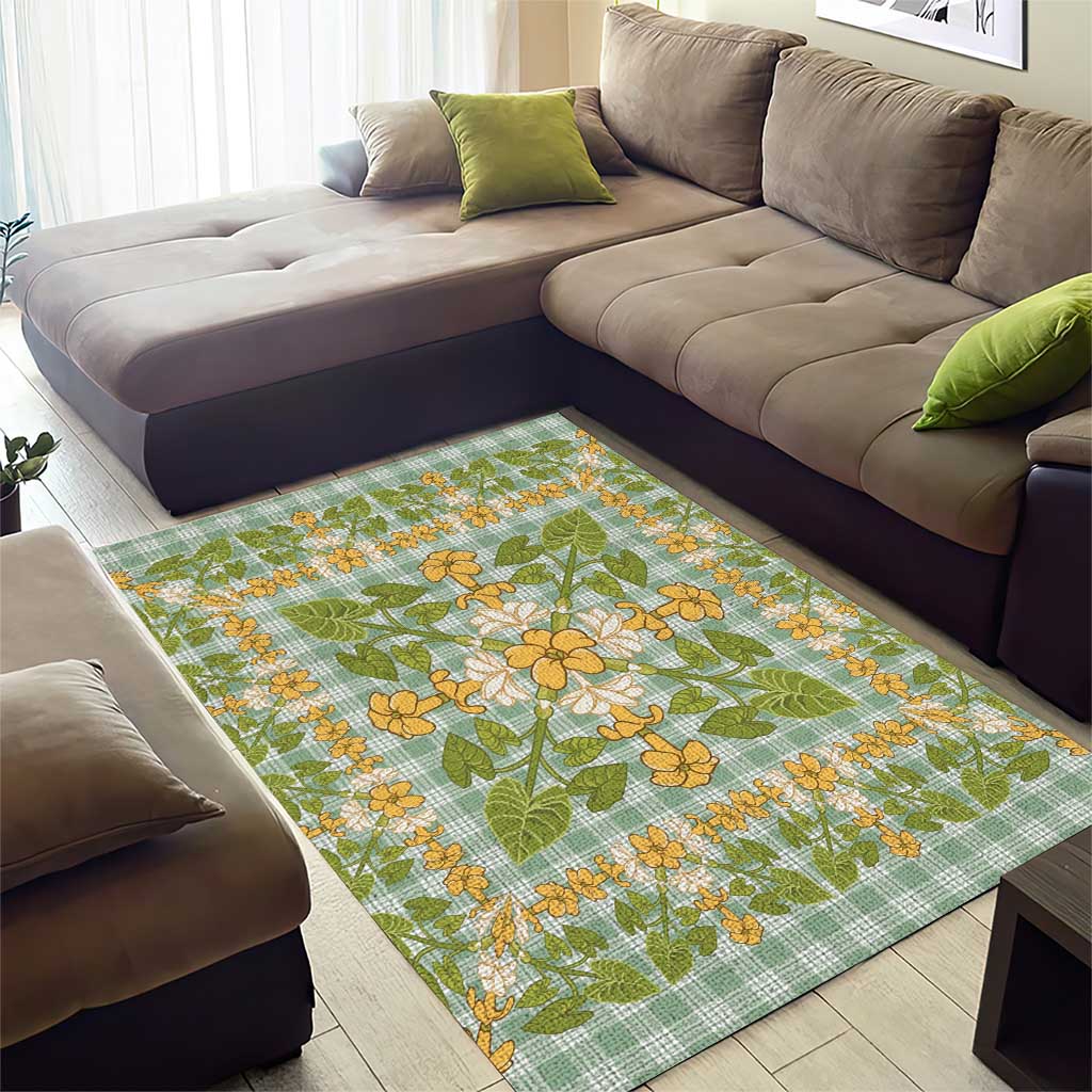 Squares Puakenikeni and Kalo Area Rug Turquoise Palaka Hawaiian Quilt Pattern - Polynesian Pride