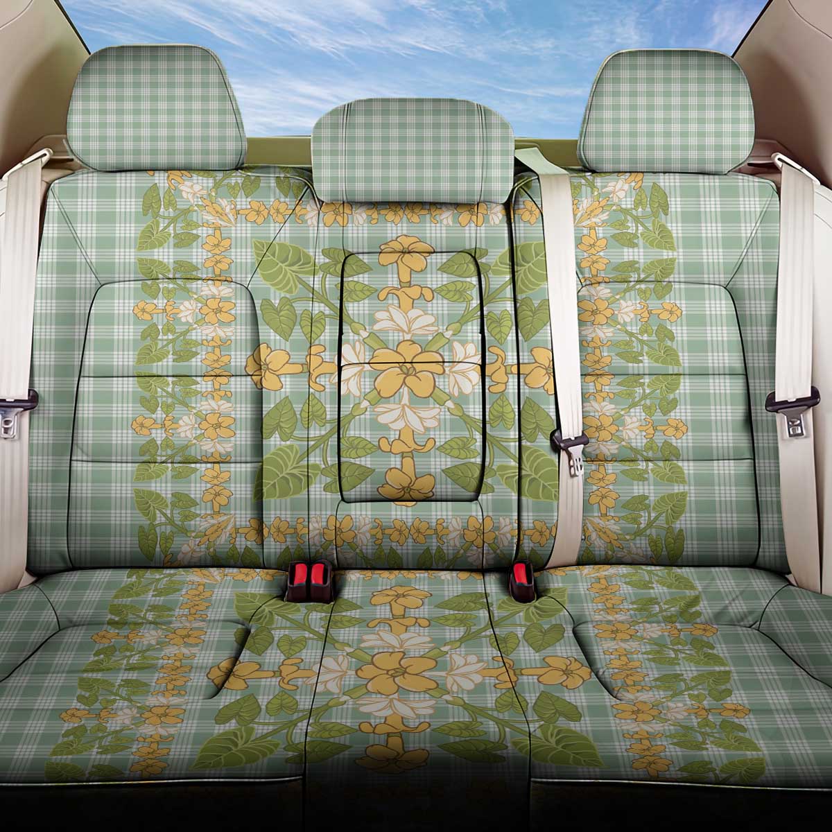 Squares Puakenikeni and Kalo Back Car Seat Cover Turquoise Palaka Hawaiian Quilt Pattern - Polynesian Pride