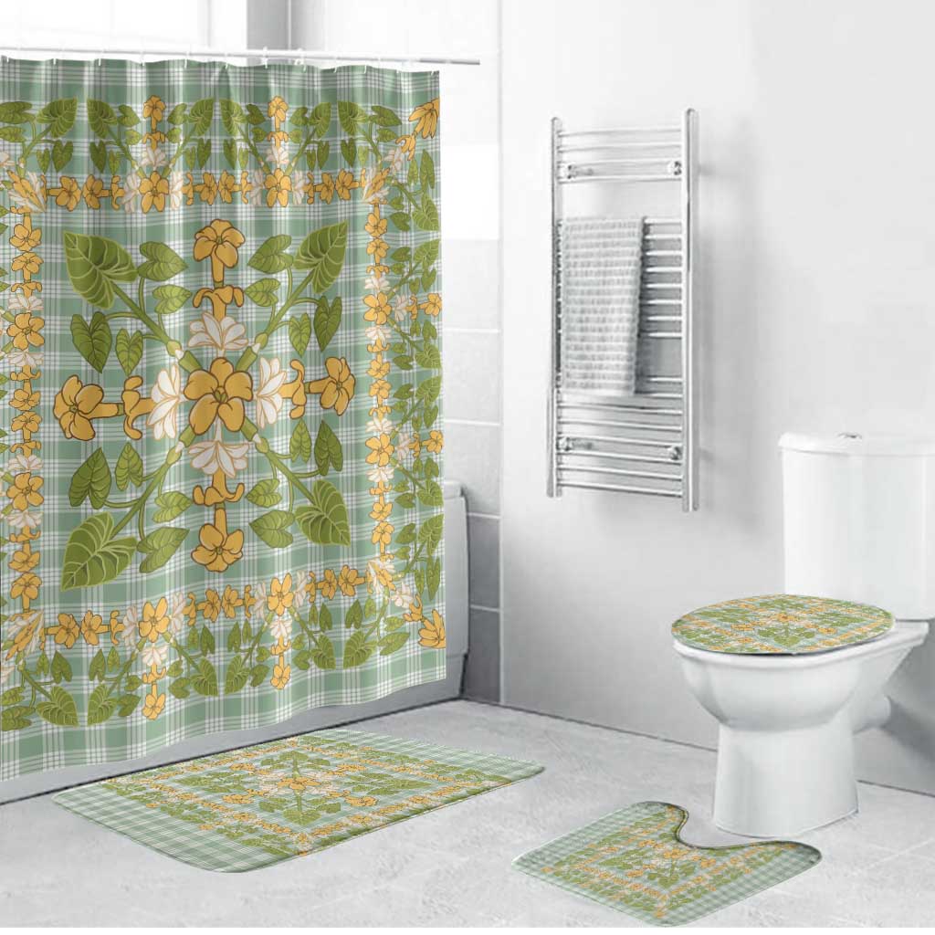 Squares Puakenikeni and Kalo Bathroom Set Turquoise Palaka Hawaiian Quilt Pattern - Polynesian Pride