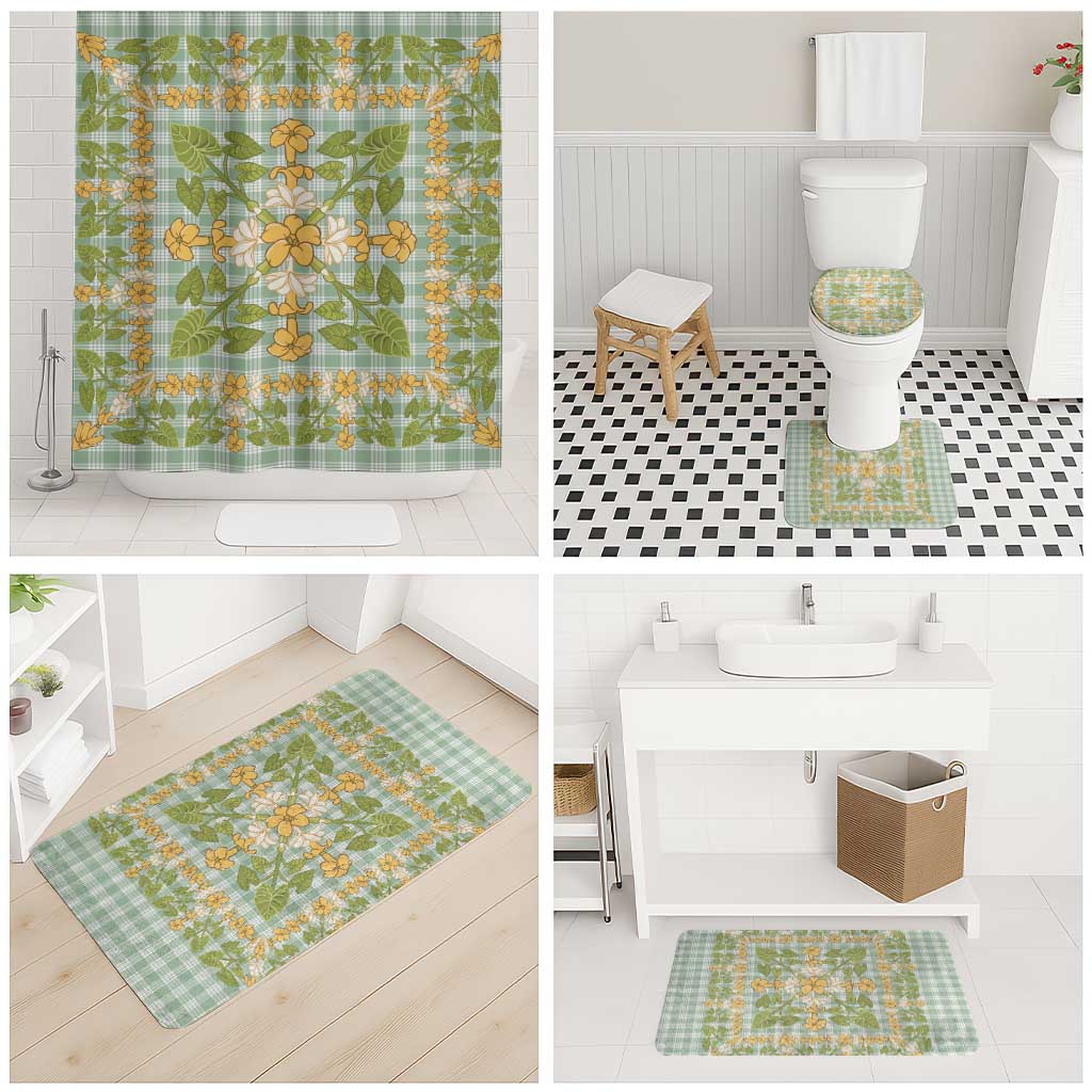 Squares Puakenikeni and Kalo Bathroom Set Turquoise Palaka Hawaiian Quilt Pattern - Polynesian Pride