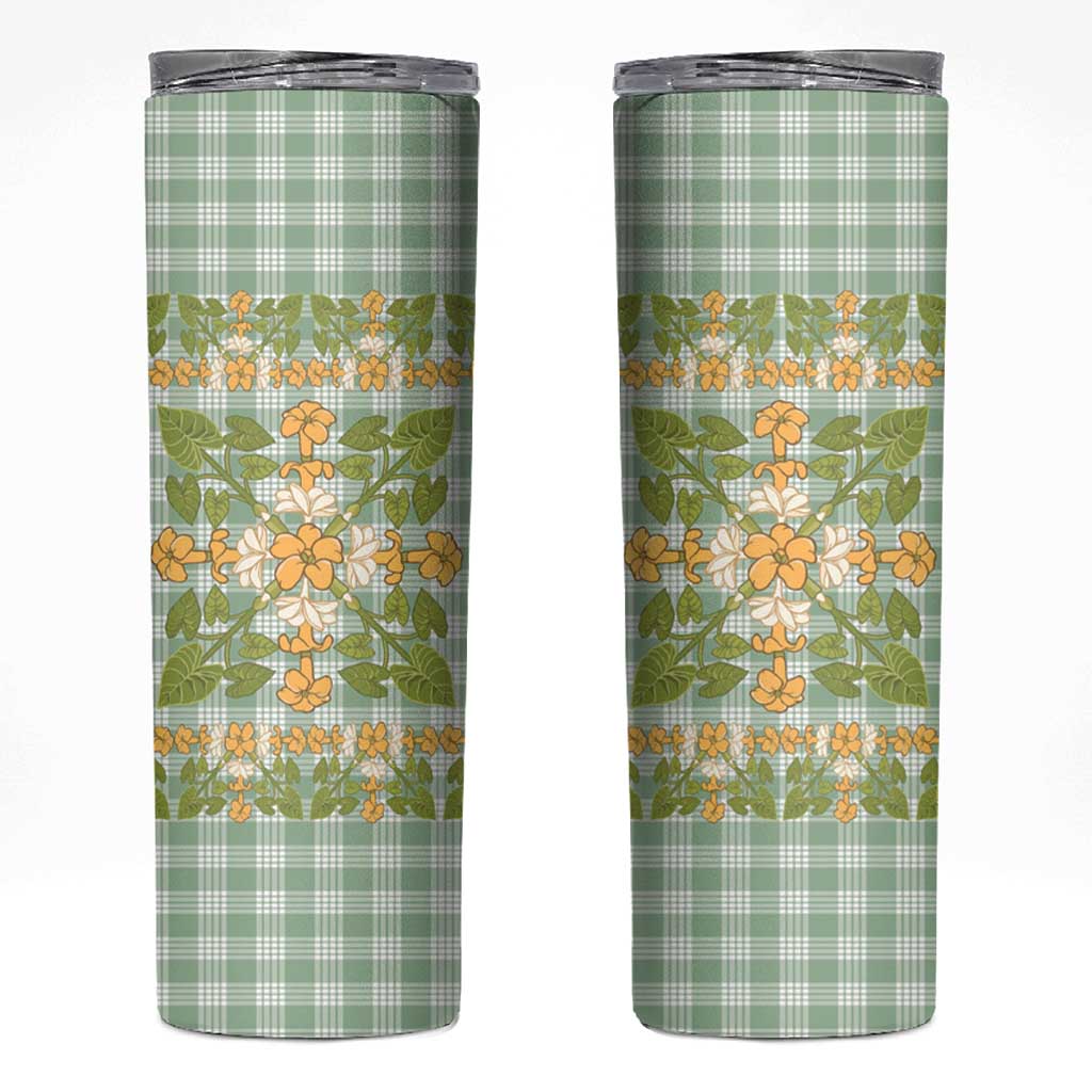 Squares Puakenikeni and Kalo Skinny Tumbler Turquoise Palaka Hawaiian Quilt Pattern - Polynesian Pride