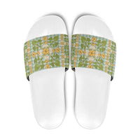 Squares Puakenikeni and Kalo Slide Sandals Turquoise Palaka Hawaiian Quilt Pattern - Polynesian Pride