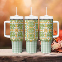 Squares Puakenikeni and Kalo Tumbler With Handle Turquoise Palaka Hawaiian Quilt Pattern - Polynesian Pride