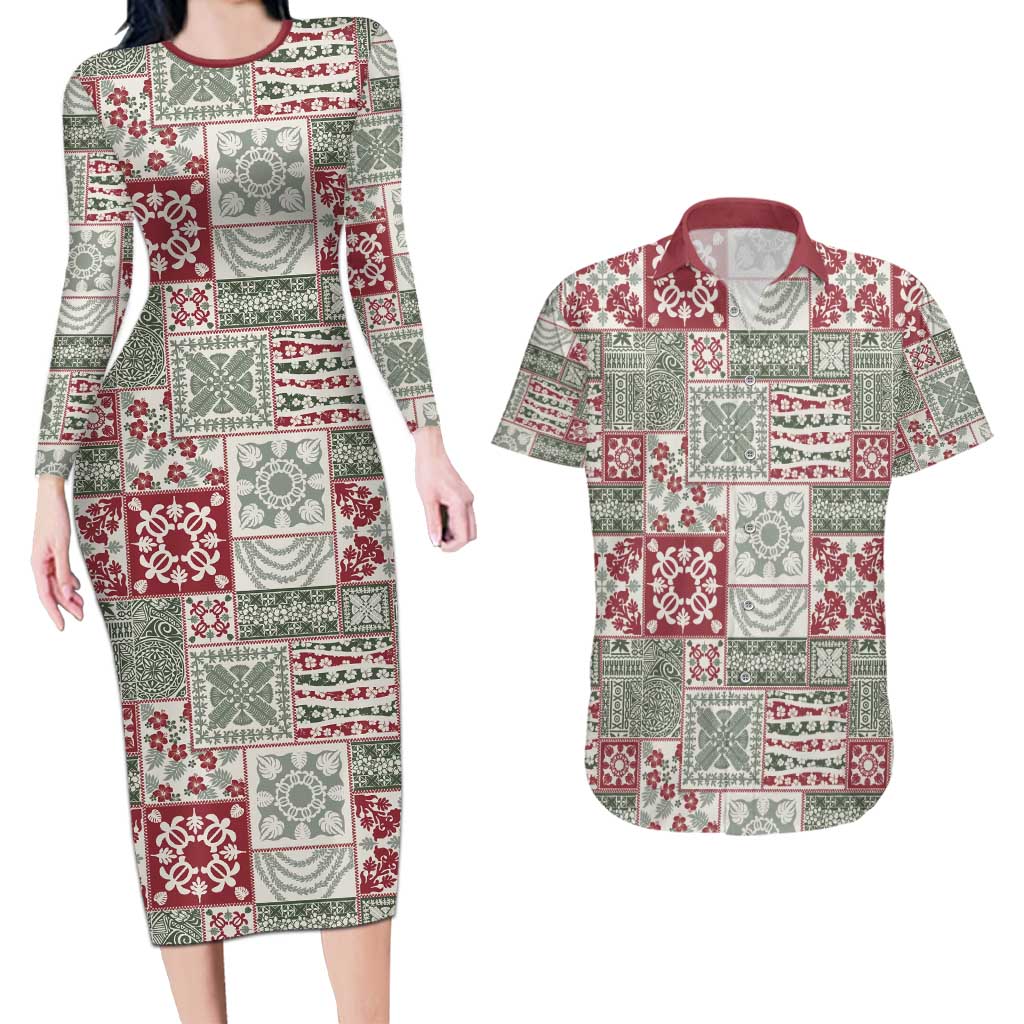 Mele Kalikimaka Hawaii Christmas Couples Matching Long Sleeve Bodycon Dress and Hawaiian Shirt Aloha Spirit with Hawaiian Quilt Pattern LT9 Beige - Polynesian Pride