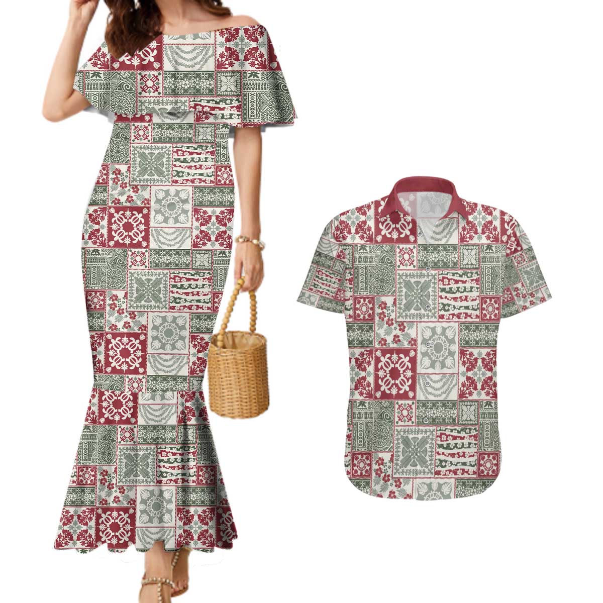 Mele Kalikimaka Hawaii Christmas Couples Matching Mermaid Dress and Hawaiian Shirt Aloha Spirit with Hawaiian Quilt Pattern LT9 Beige - Polynesian Pride