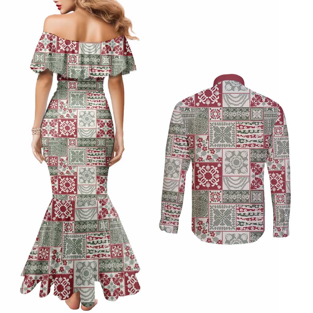 Mele Kalikimaka Hawaii Christmas Couples Matching Mermaid Dress and Long Sleeve Button Shirt Aloha Spirit with Hawaiian Quilt Pattern LT9 - Polynesian Pride