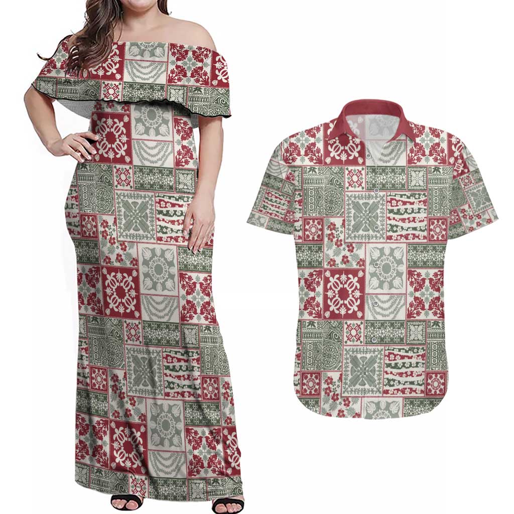 Mele Kalikimaka Hawaii Christmas Couples Matching Off Shoulder Maxi Dress and Hawaiian Shirt Aloha Spirit with Hawaiian Quilt Pattern LT9 Beige - Polynesian Pride