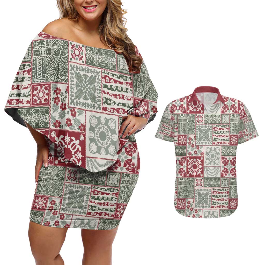 Mele Kalikimaka Hawaii Christmas Couples Matching Off Shoulder Short Dress and Hawaiian Shirt Aloha Spirit with Hawaiian Quilt Pattern LT9 Beige - Polynesian Pride