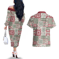 Mele Kalikimaka Hawaii Christmas Couples Matching Off The Shoulder Long Sleeve Dress and Hawaiian Shirt Aloha Spirit with Hawaiian Quilt Pattern - Polynesian Pride