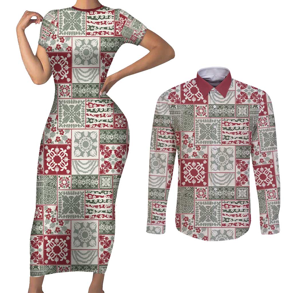 Mele Kalikimaka Hawaii Christmas Couples Matching Short Sleeve Bodycon Dress and Long Sleeve Button Shirt Aloha Spirit with Hawaiian Quilt Pattern LT9 Beige - Polynesian Pride