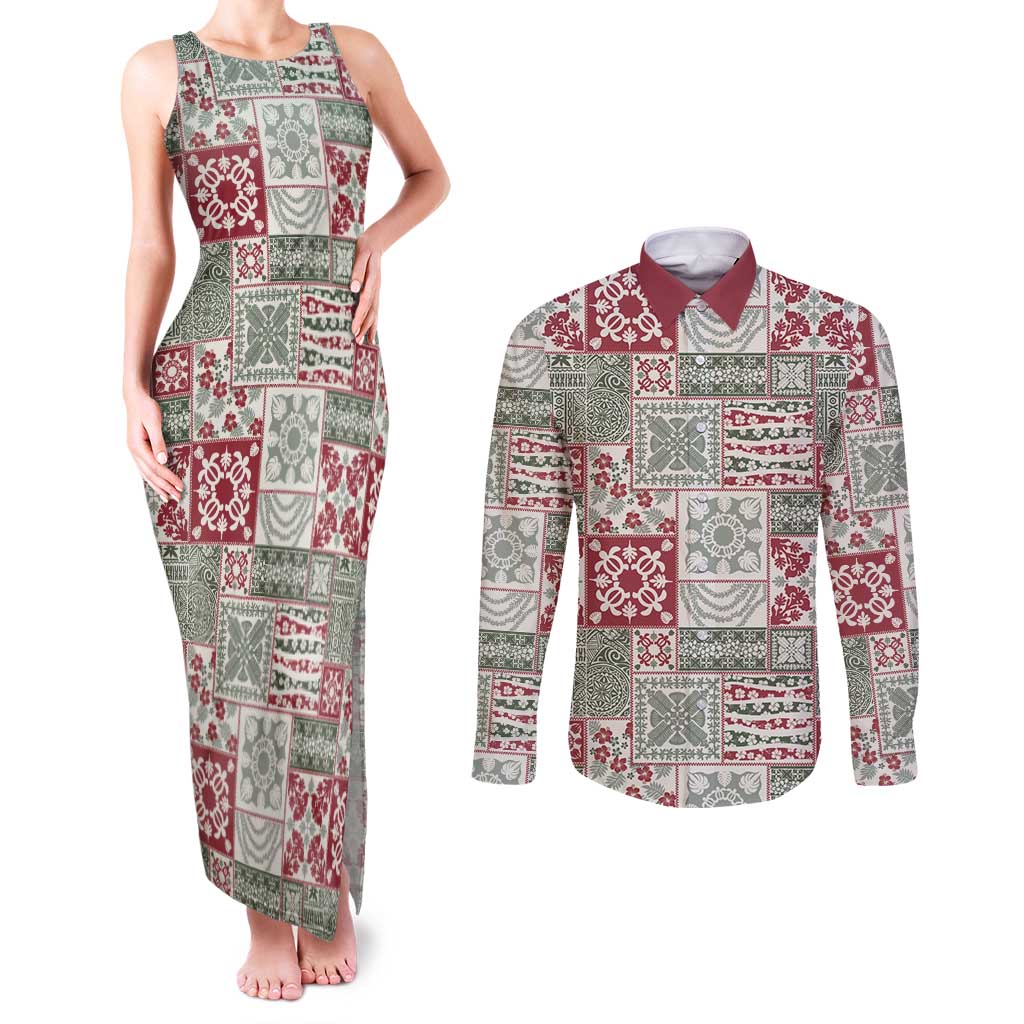 Mele Kalikimaka Hawaii Christmas Couples Matching Tank Maxi Dress and Long Sleeve Button Shirt Aloha Spirit with Hawaiian Quilt Pattern LT9 Beige - Polynesian Pride