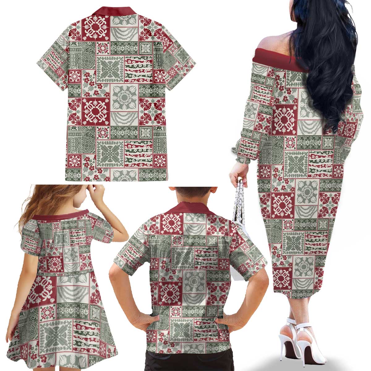 Mele Kalikimaka Hawaii Christmas Family Matching Off The Shoulder Long Sleeve Dress and Hawaiian Shirt Aloha Spirit with Hawaiian Quilt Pattern - Polynesian Pride