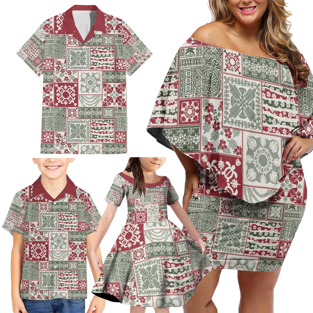 Mele Kalikimaka Hawaii Christmas Family Matching Off Shoulder Short Dress and Hawaiian Shirt Aloha Spirit with Hawaiian Quilt Pattern - Polynesian Pride