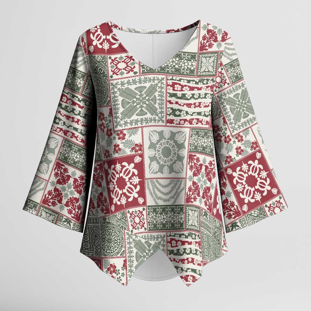 Mele Kalikimaka Hawaii Christmas Kimono Sleeve Blouse Aloha Spirit with Hawaiian Quilt Pattern - Polynesian Pride