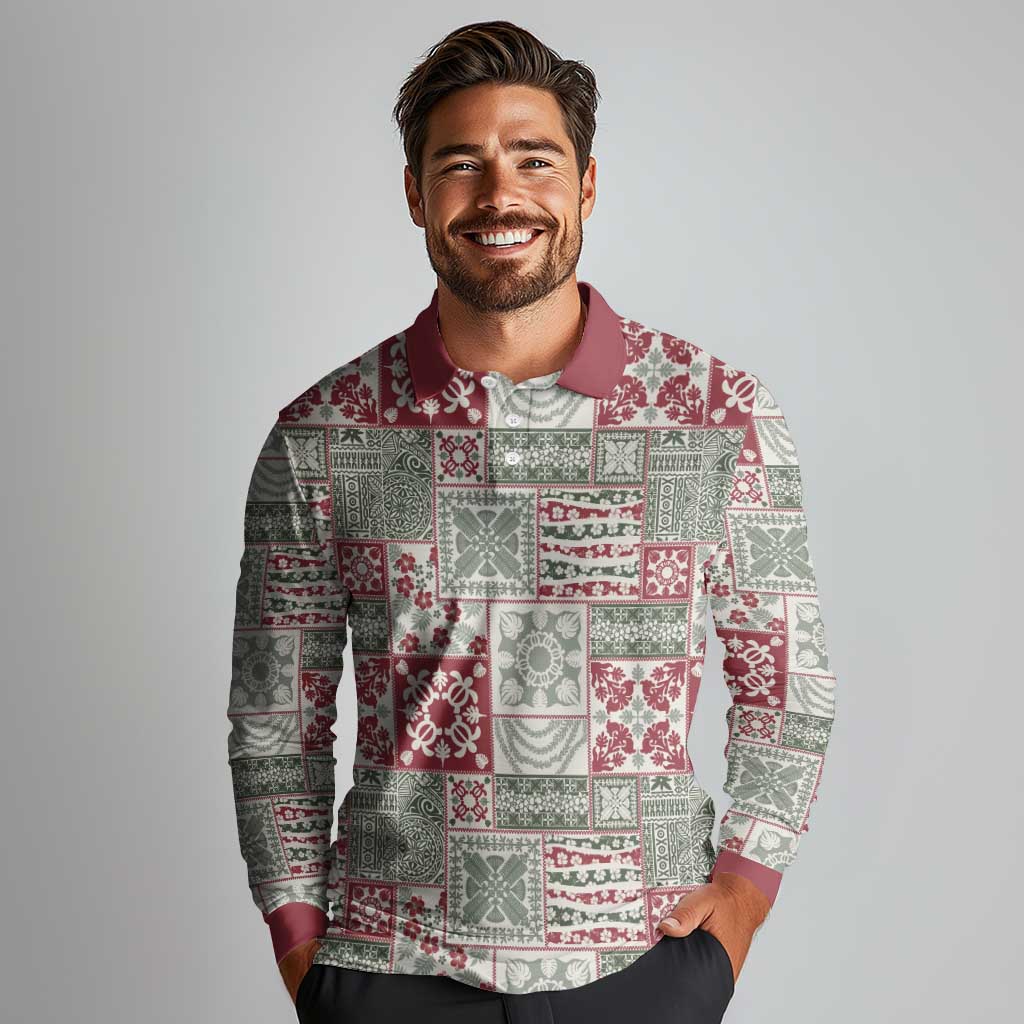 Mele Kalikimaka Hawaii Christmas Long Sleeve Polo Shirt Aloha Spirit with Hawaiian Quilt Pattern - Polynesian Pride