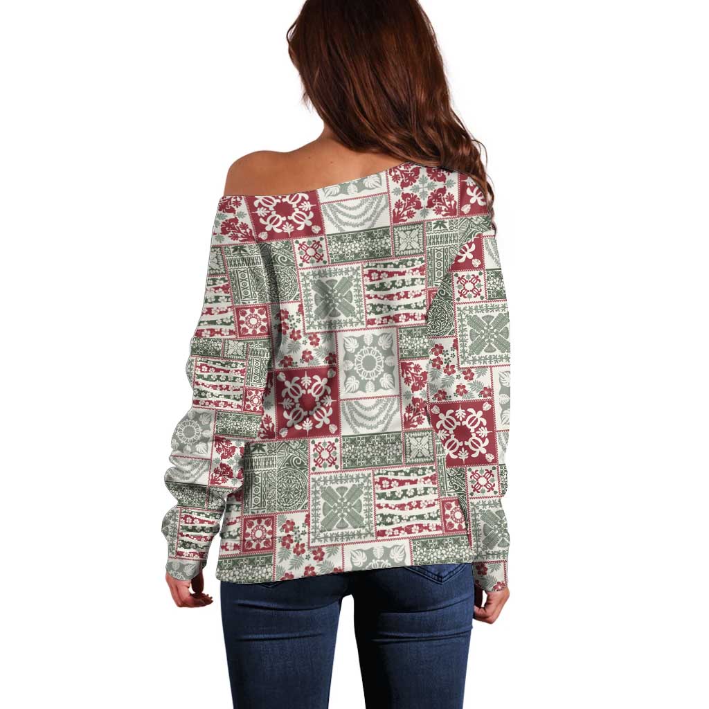 Mele Kalikimaka Hawaii Christmas Off Shoulder Sweater Aloha Spirit with Hawaiian Quilt Pattern - Polynesian Pride