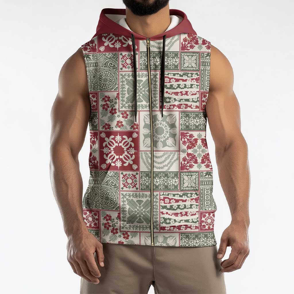 Mele Kalikimaka Hawaii Christmas Sleeveless Zip Hoodie Aloha Spirit with Hawaiian Quilt Pattern - Polynesian Pride