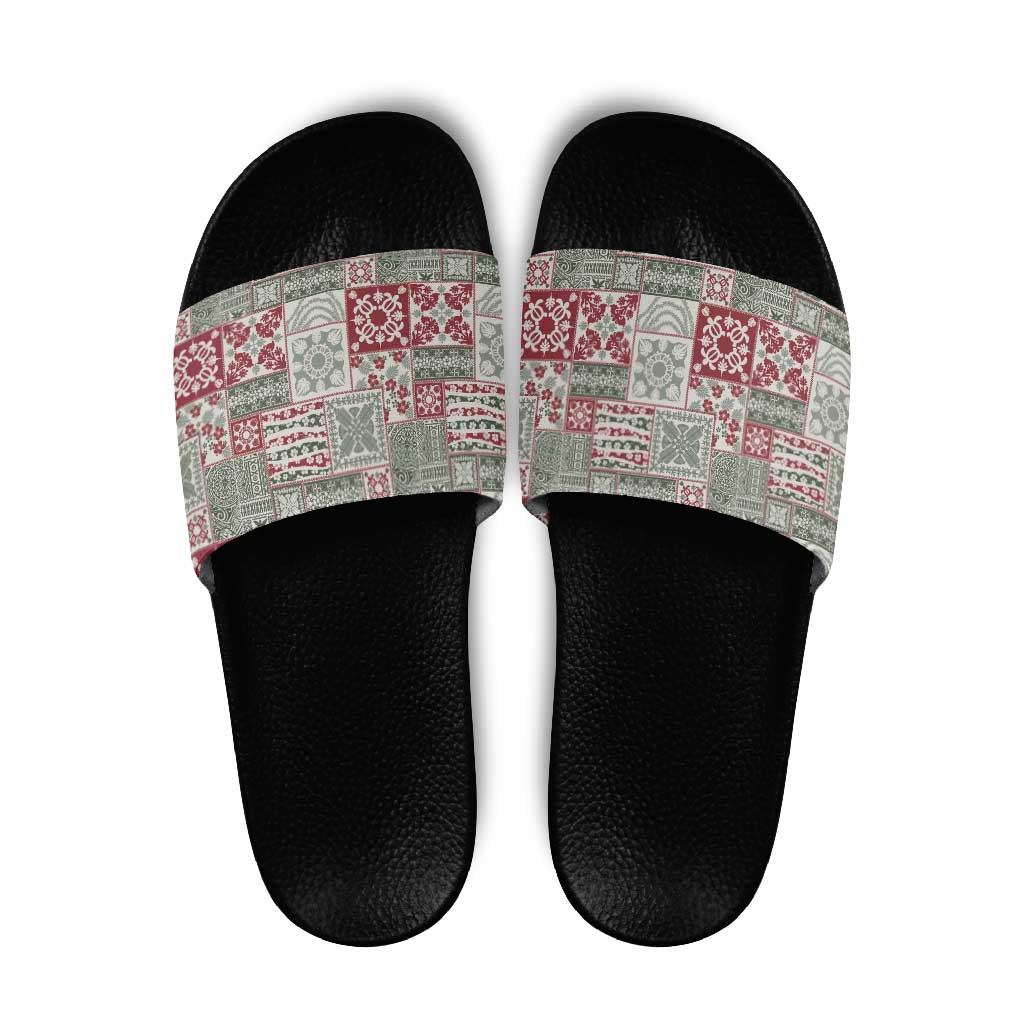 Mele Kalikimaka Hawaii Christmas Slide Sandals Aloha Spirit with Hawaiian Quilt Pattern - Polynesian Pride
