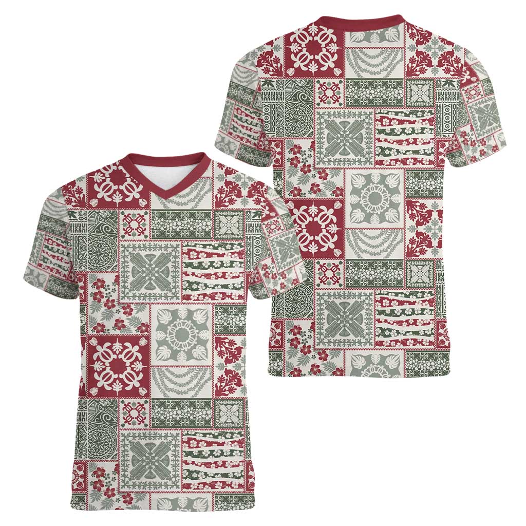 Mele Kalikimaka Hawaii Christmas Women V-Neck T-Shirt Aloha Spirit with Hawaiian Quilt Pattern - Polynesian Pride