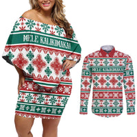 Mele Kalikimaka Hawaii Christmas Couples Matching Off Shoulder Short Dress and Long Sleeve Button Shirt Hawaiian Quilt Pattern Style - Polynesian Pride