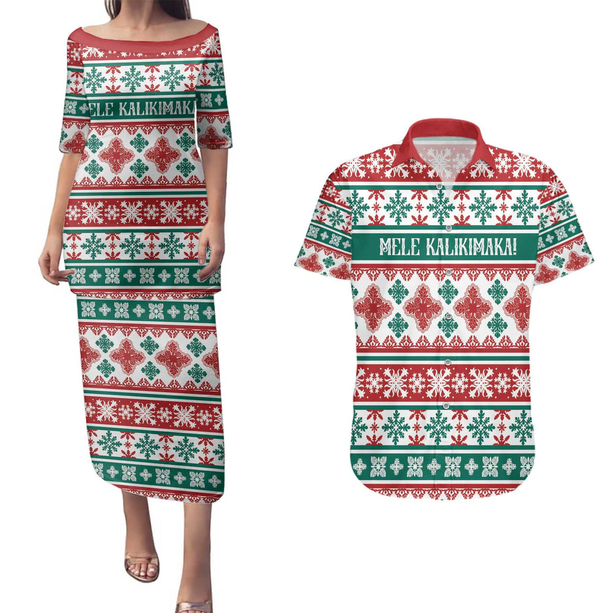 Mele Kalikimaka Hawaii Christmas Couples Matching Puletasi and Hawaiian Shirt Hawaiian Quilt Pattern Style - Polynesian Pride