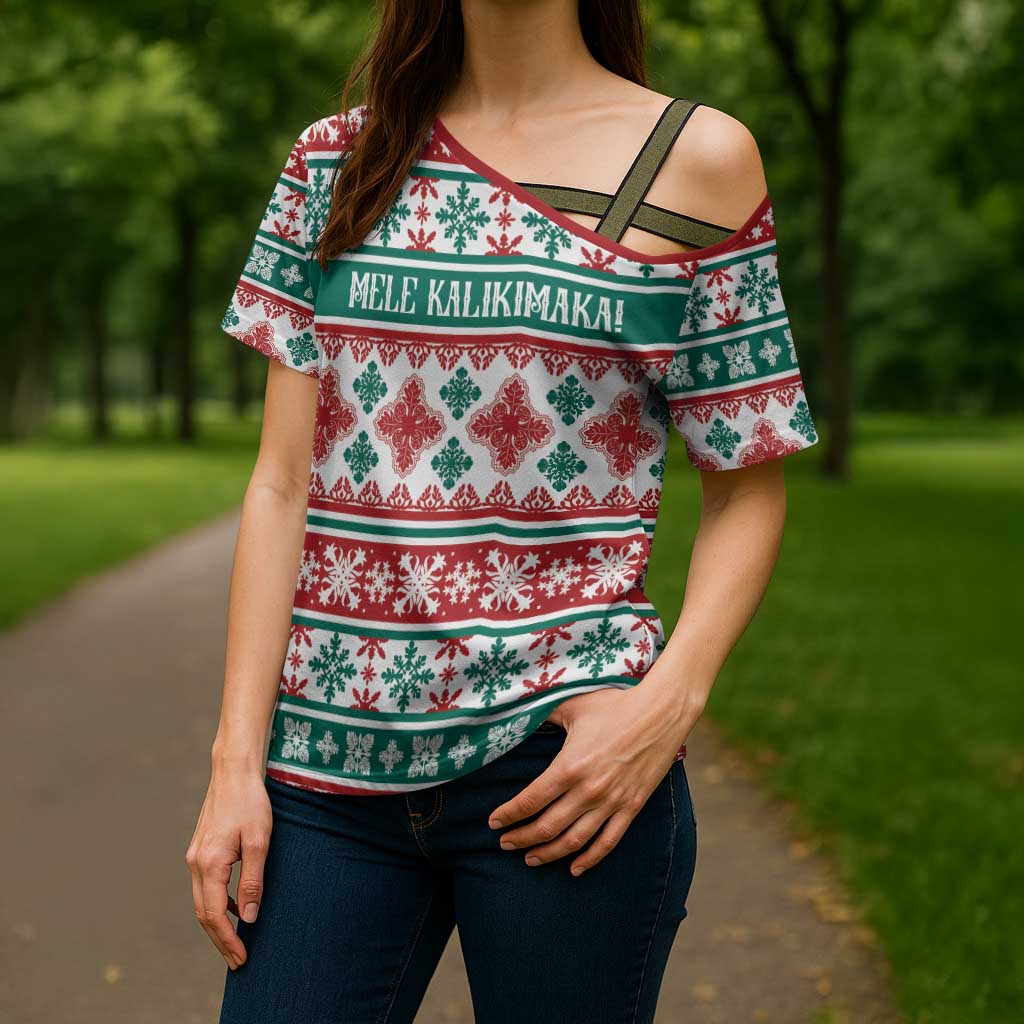 Mele Kalikimaka Hawaii Christmas Cross Shoulder Shirt Hawaiian Quilt Pattern Style - Polynesian Pride