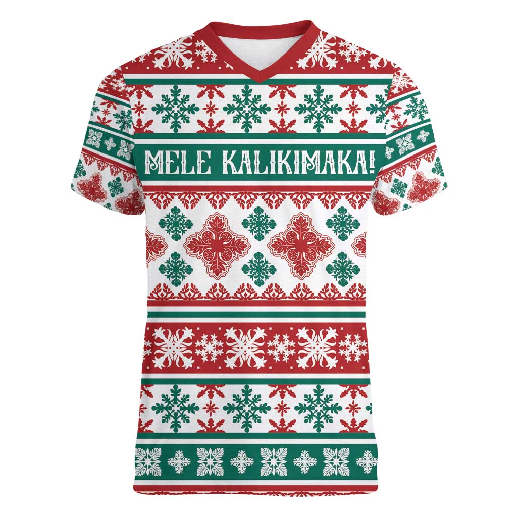 Mele Kalikimaka Hawaii Christmas Women V-Neck T-Shirt Hawaiian Quilt Pattern Style - Polynesian Pride