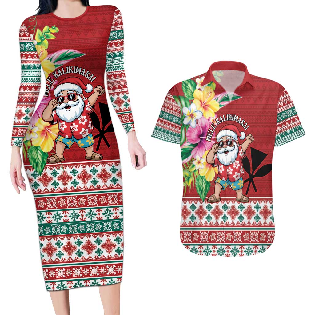 Santa Surf Mele Kalikimaka Personalized Couples Matching Long Sleeve Bodycon Dress and Hawaiian Shirt Aloha Tropical Christmas Vibes LT9 Red - Polynesian Pride