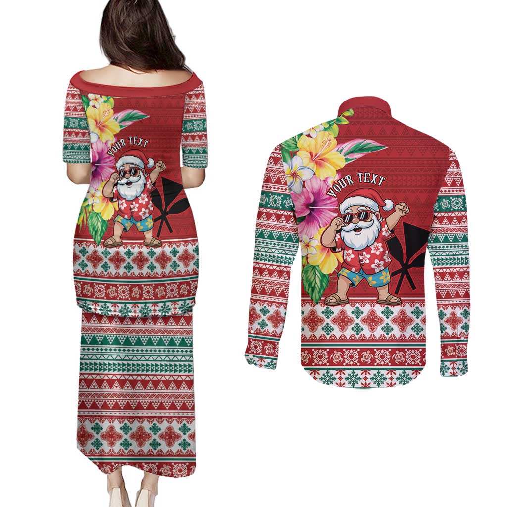 Santa Surf Mele Kalikimaka Personalized Couples Matching Puletasi and Long Sleeve Button Shirt Aloha Tropical Christmas Vibes - Polynesian Pride