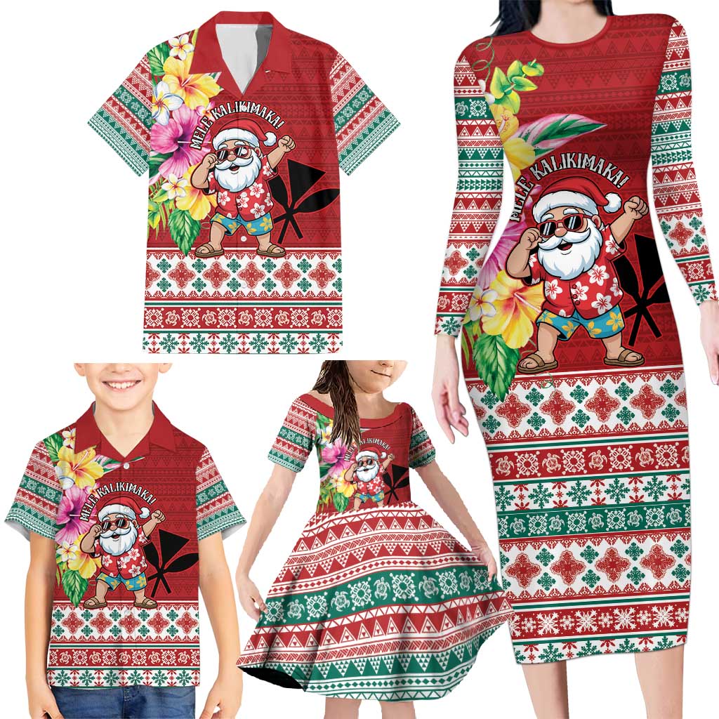 Santa Surf Mele Kalikimaka Personalized Family Matching Long Sleeve Bodycon Dress and Hawaiian Shirt Aloha Tropical Christmas Vibes LT9 - Polynesian Pride
