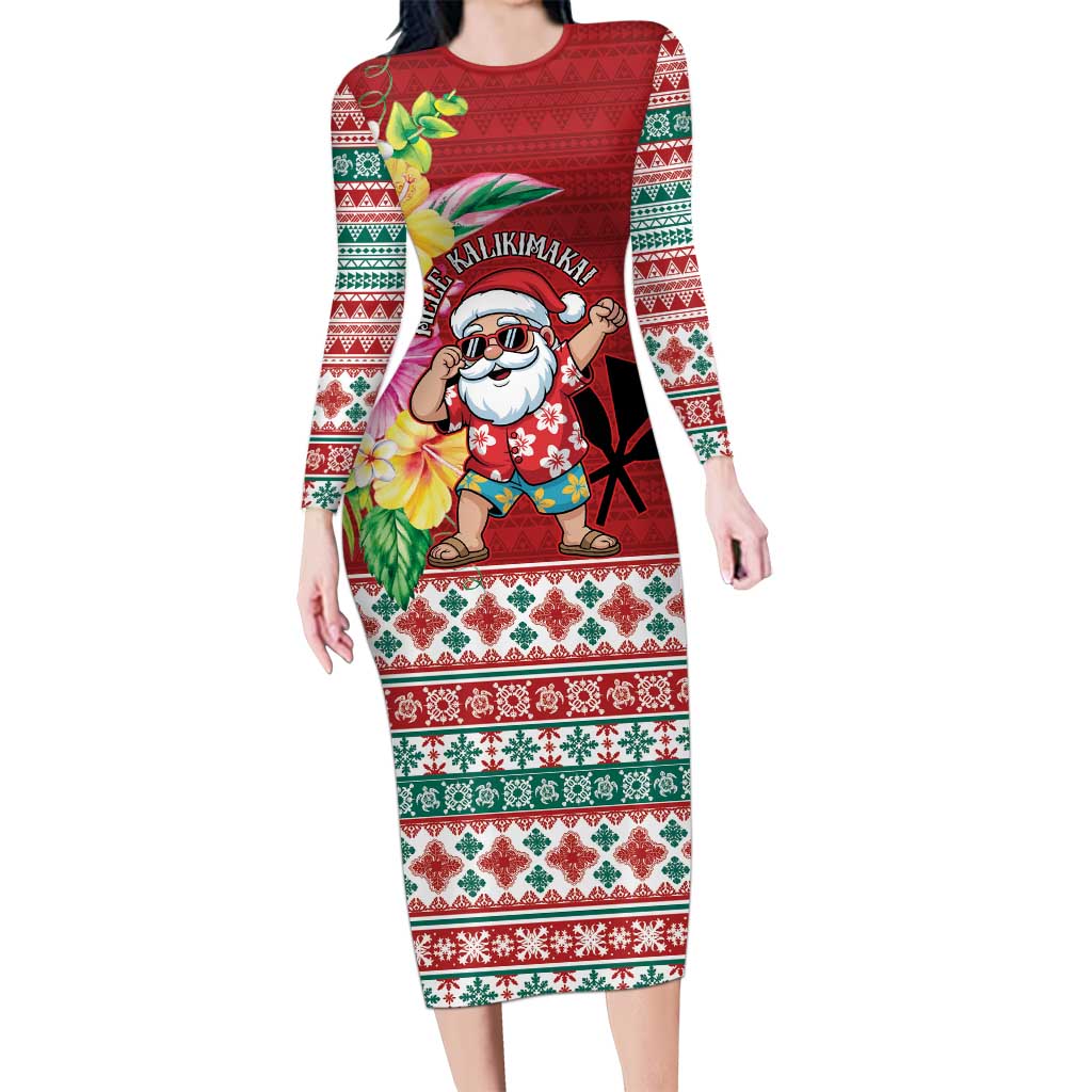 Santa Surf Mele Kalikimaka Personalized Family Matching Long Sleeve Bodycon Dress and Hawaiian Shirt Aloha Tropical Christmas Vibes LT9 Mom's Dress Red - Polynesian Pride
