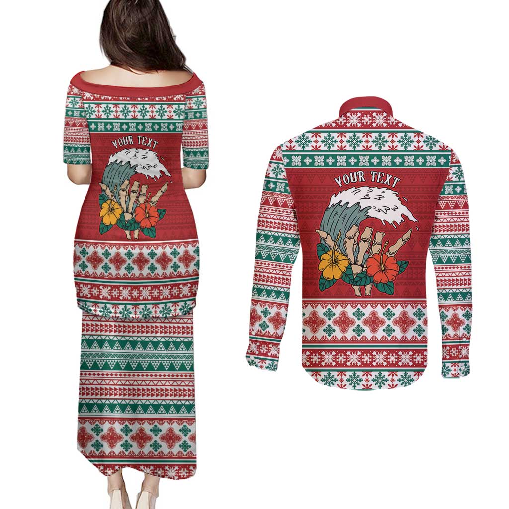 Shaka Sign Skull Mele Kalikimaka Personalized Couples Matching Puletasi and Long Sleeve Button Shirt Hawaiian Quilt Pattern - Polynesian Pride