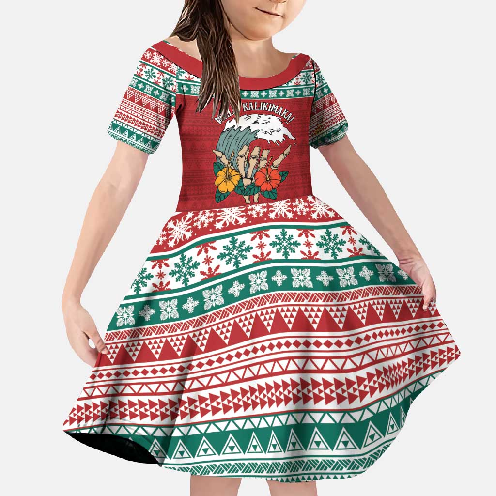 Shaka Sign Skull Mele Kalikimaka Personalized Family Matching Long Sleeve Bodycon Dress and Hawaiian Shirt Hawaiian Quilt Pattern LT9 Daughter's Dress Red - Polynesian Pride