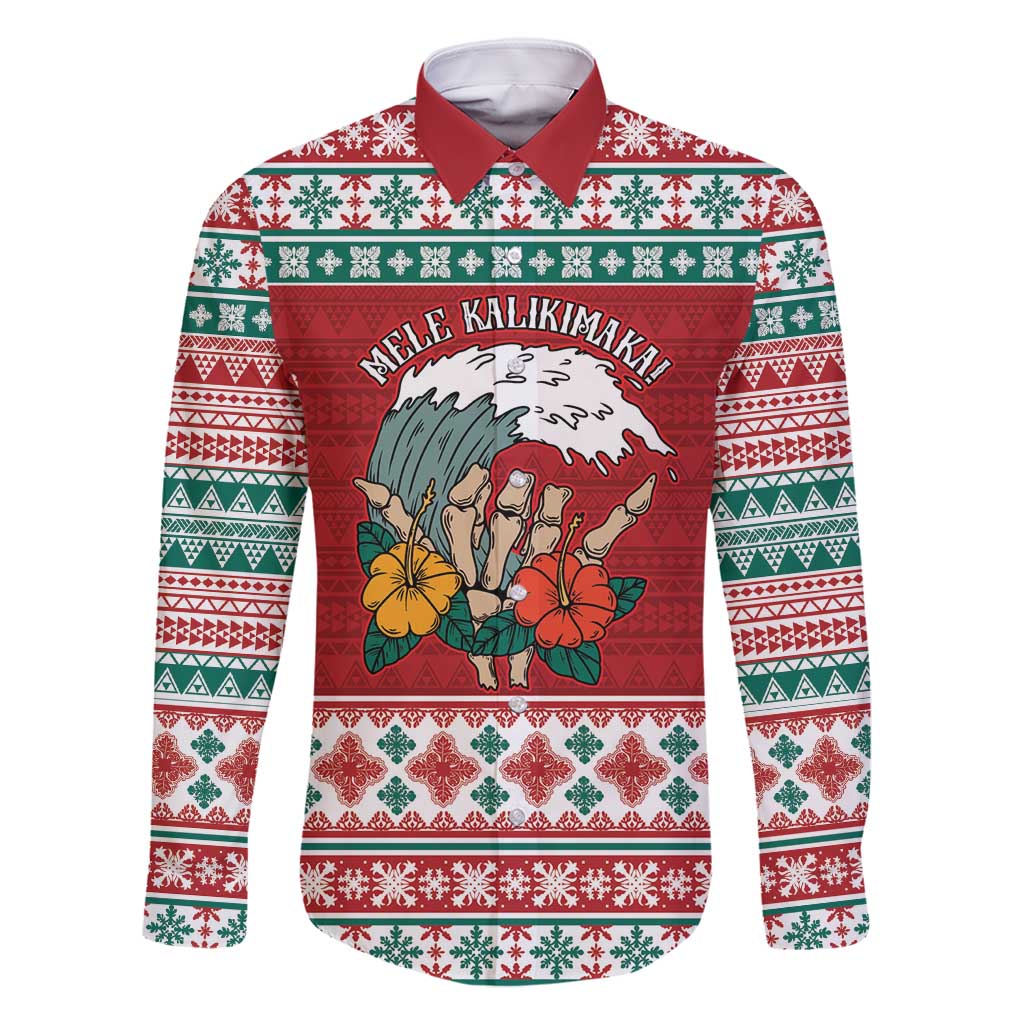 Shaka Sign Skull Mele Kalikimaka Personalized Family Matching Mermaid Dress and Hawaiian Shirt Hawaiian Quilt Pattern LT9 Dad's Shirt - Long Sleeve Red - Polynesian Pride